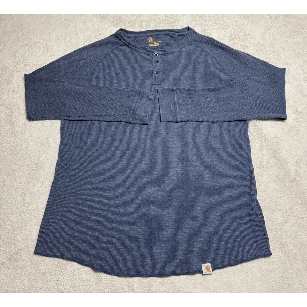 Carhartt Henley Shirt Men Large Blue Waffle Knit Thermal Long Sleeve Relaxed Fit